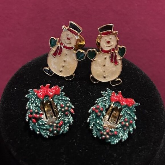 HOLIDAY🎄🎄DANECRAFT Snowman/ RODOX Wreath Enamel EARRINGS SET - Picture 3 of 6
